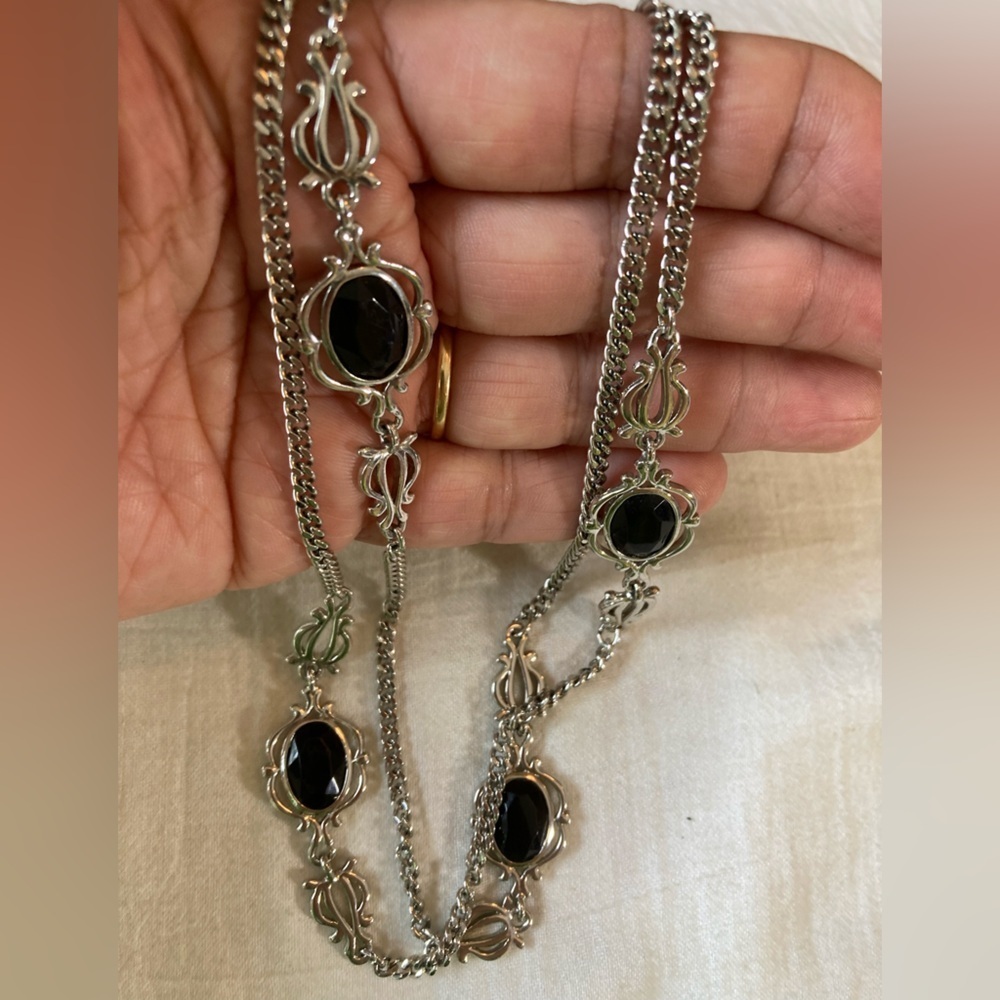 Sarah Coventry Vintage Ornate Necklace with Black Onyx 38”‎ Long